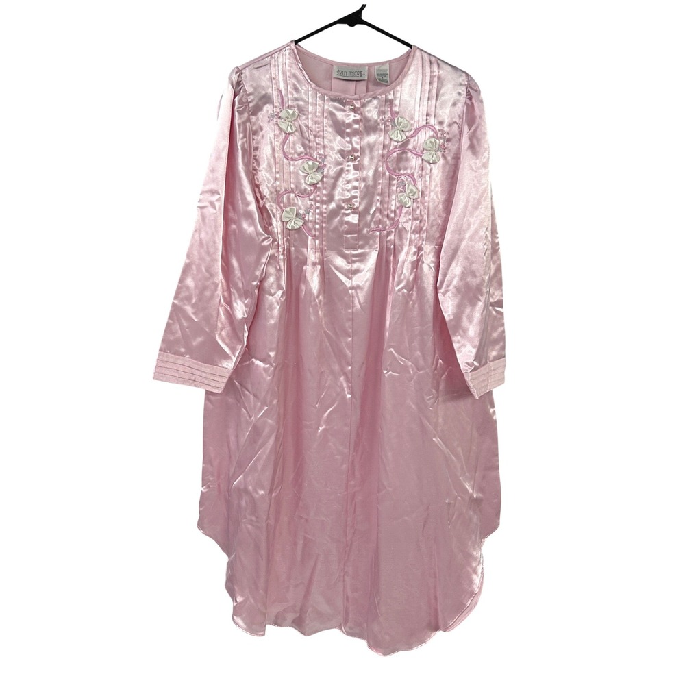 Vintage Pink Satin Nightgown Small Bows Pearl Embroidered Coquette Ashley Taylor